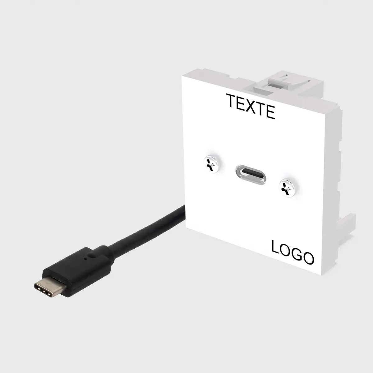 Plastron 45 équipé 1 USB C surmoulé 1m vers fiche USB C M, textes et logo gravés