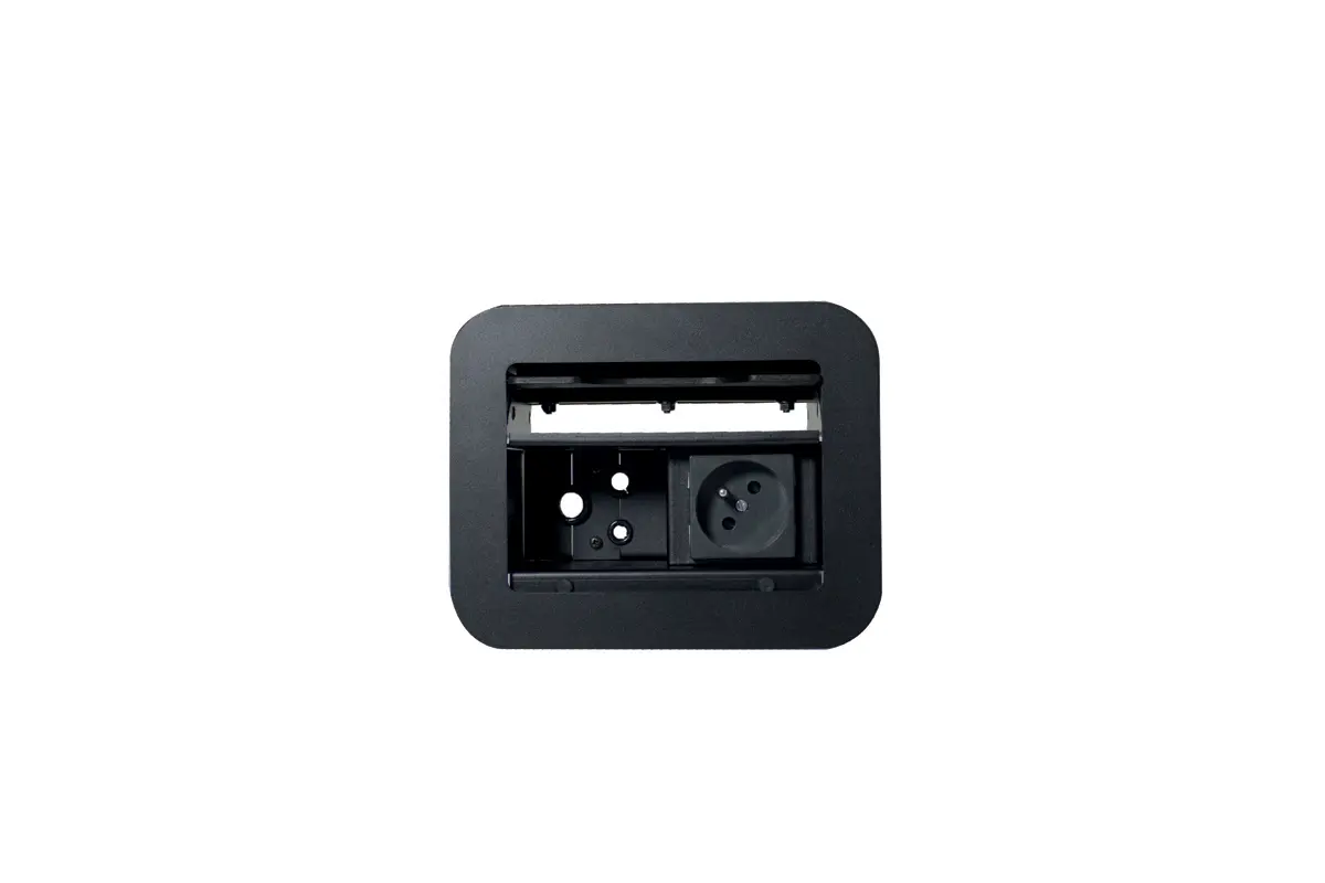 Boîtier de table Handy Box THETA noir rallongé de 3 modules, équipé d'un secteur et 3 passe-câbles