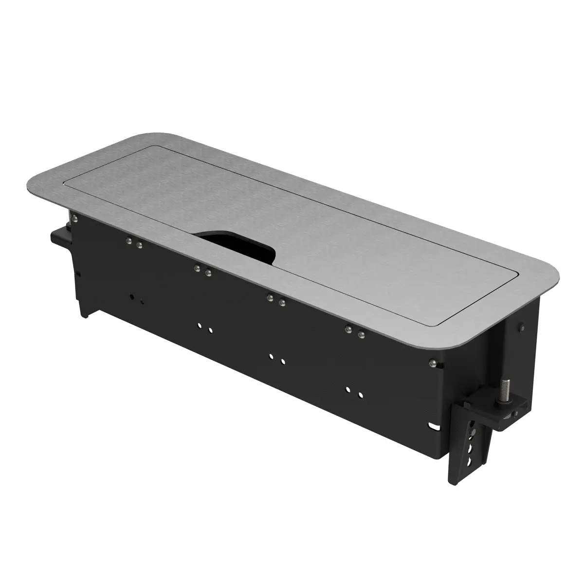 Boîtier de table Handy Box THETA inox rallongé de 3 modules, équipé d'un secteur et 3 passe-câbles